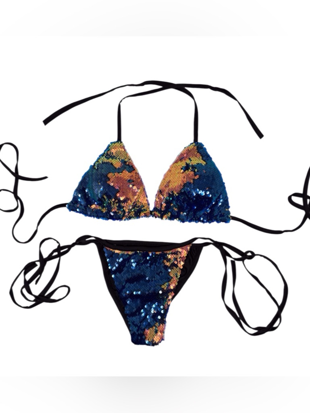 Blue and gold Two Tone sequined string bikini women’s size large EUC